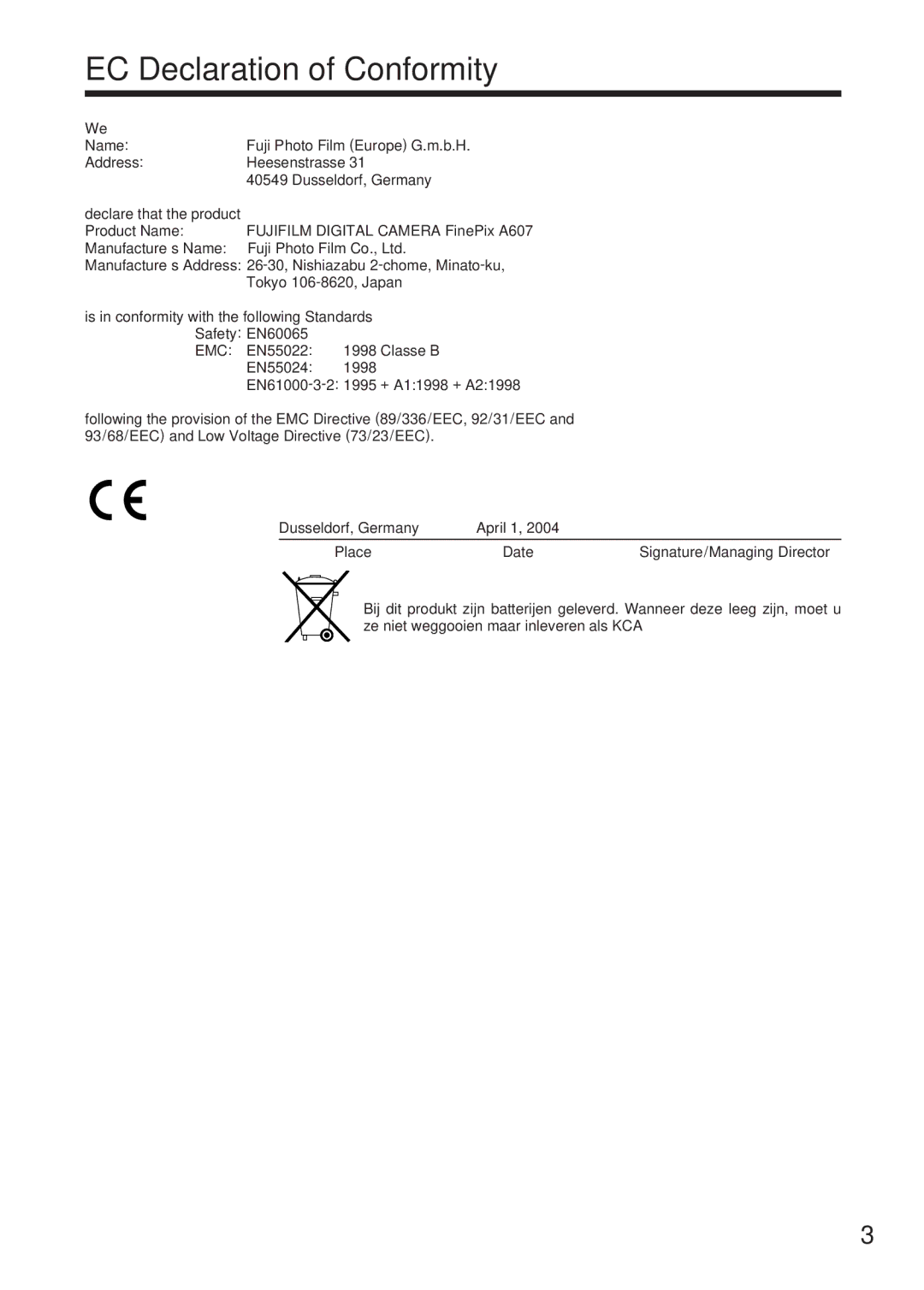 FujiFilm FinePix A607 owner manual EC Declaration of Conformity, Emc 