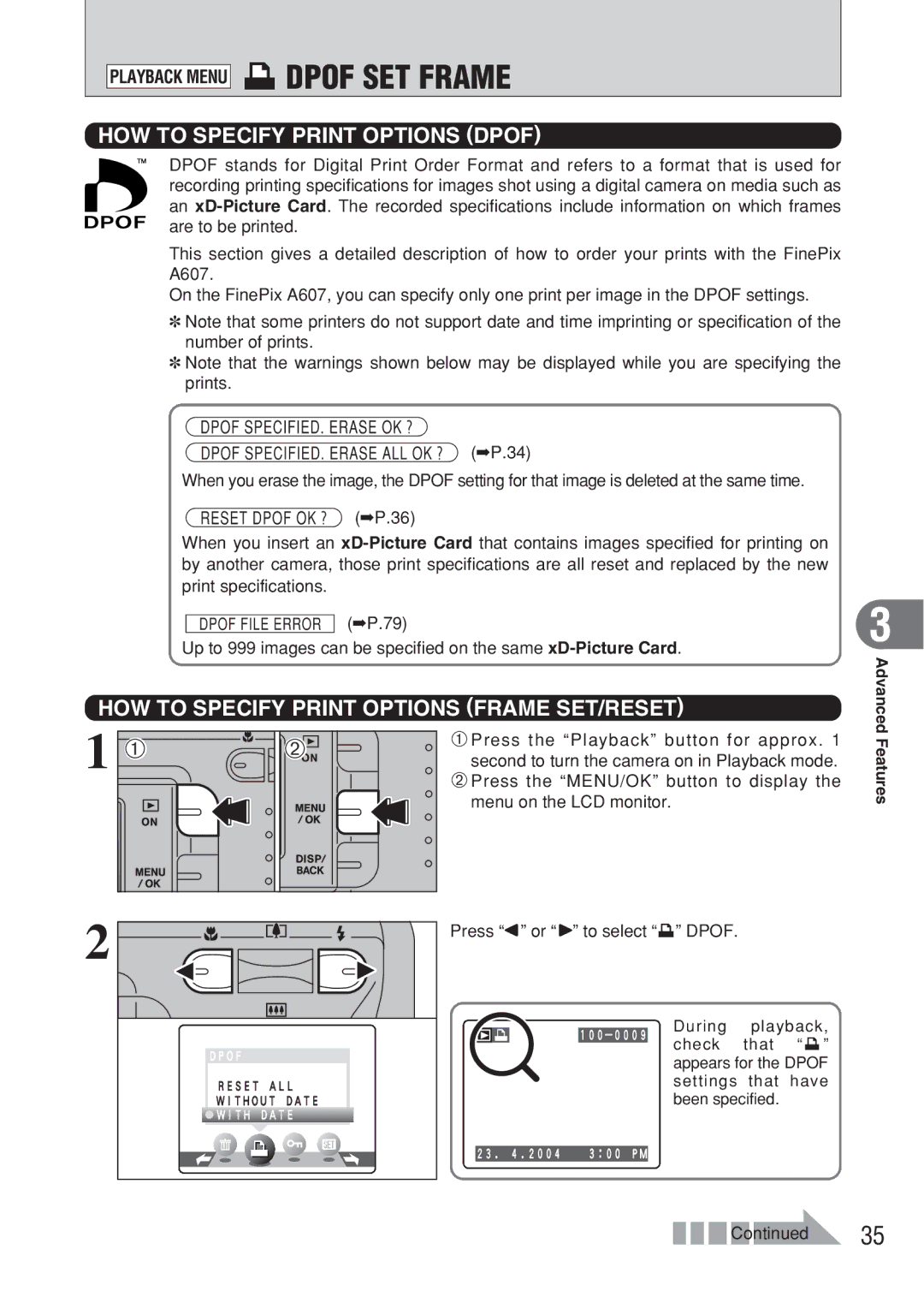 FujiFilm FinePix A607 Playback Menu uDPOF SET Frame, HOW to Specify Print Options Dpof, Press d or c to select u Dpof 