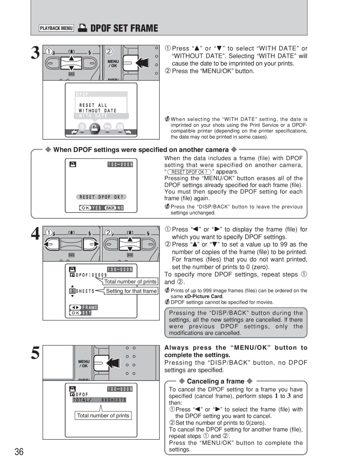 FujiFilm FinePix A607 owner manual Dpof SET Frame, When Dpof settings were specified on another camera, Canceling a frame 