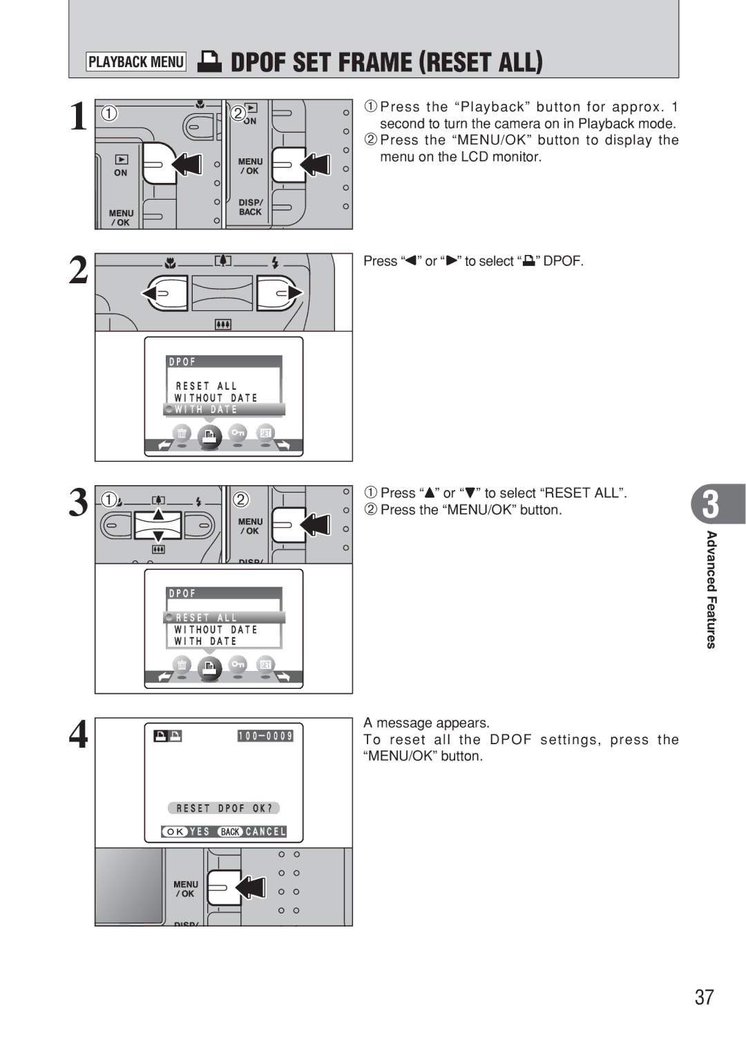 FujiFilm FinePix A607 owner manual Playback Menu uDPOF SET Frame Reset ALL, Advanced Features 