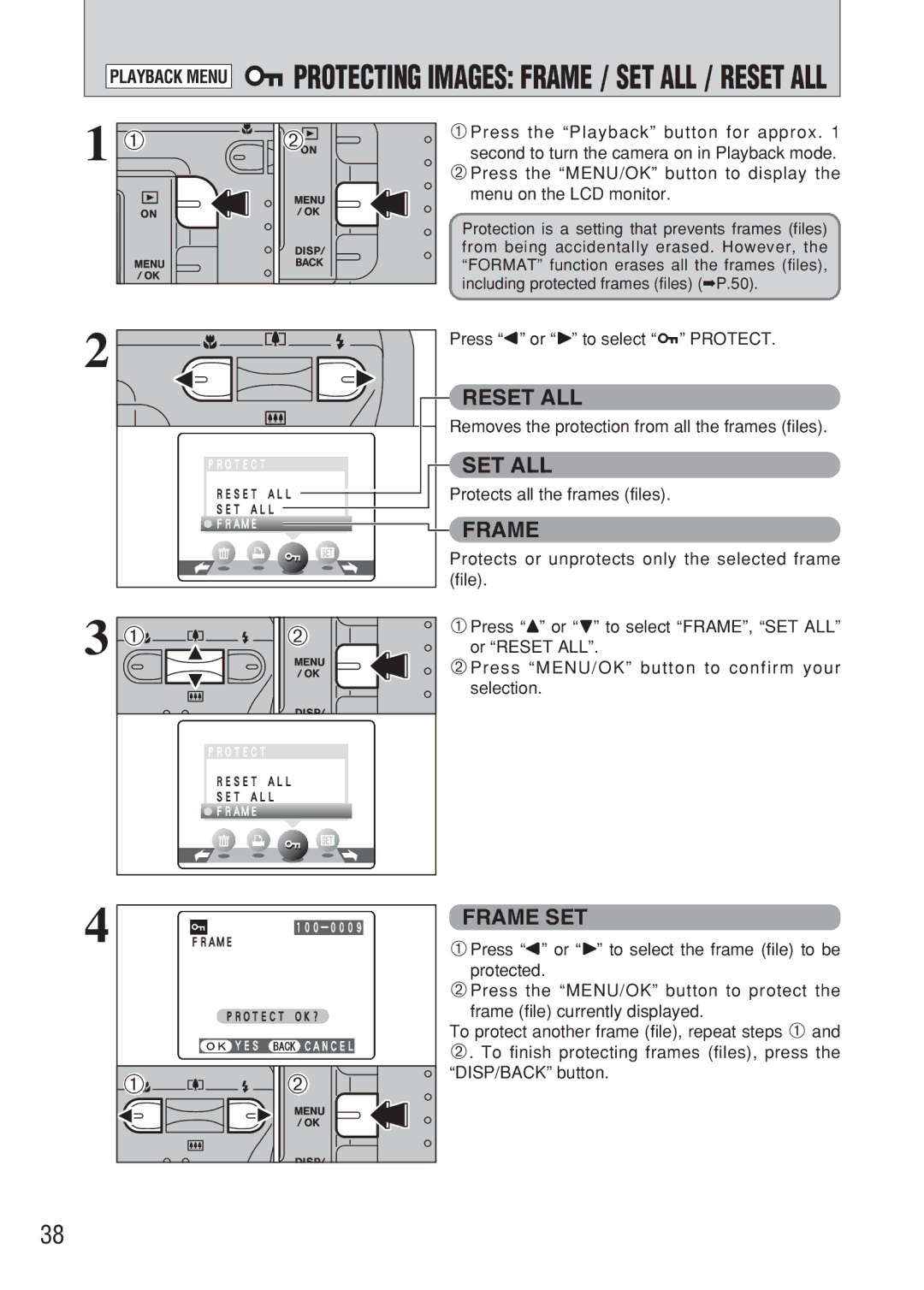 FujiFilm FinePix A607 owner manual IPROTECTING Images Frame / SET ALL / Reset ALL, Press d or c to select i Protect 