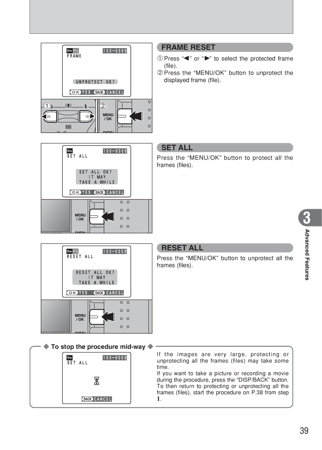 FujiFilm FinePix A607 owner manual Press the MENU/OK button to protect all the frames files 