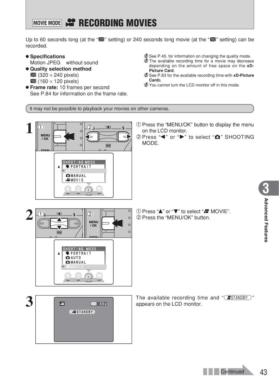 FujiFilm FinePix A607 owner manual Movie Mode rRECORDING Movies, Specifications 