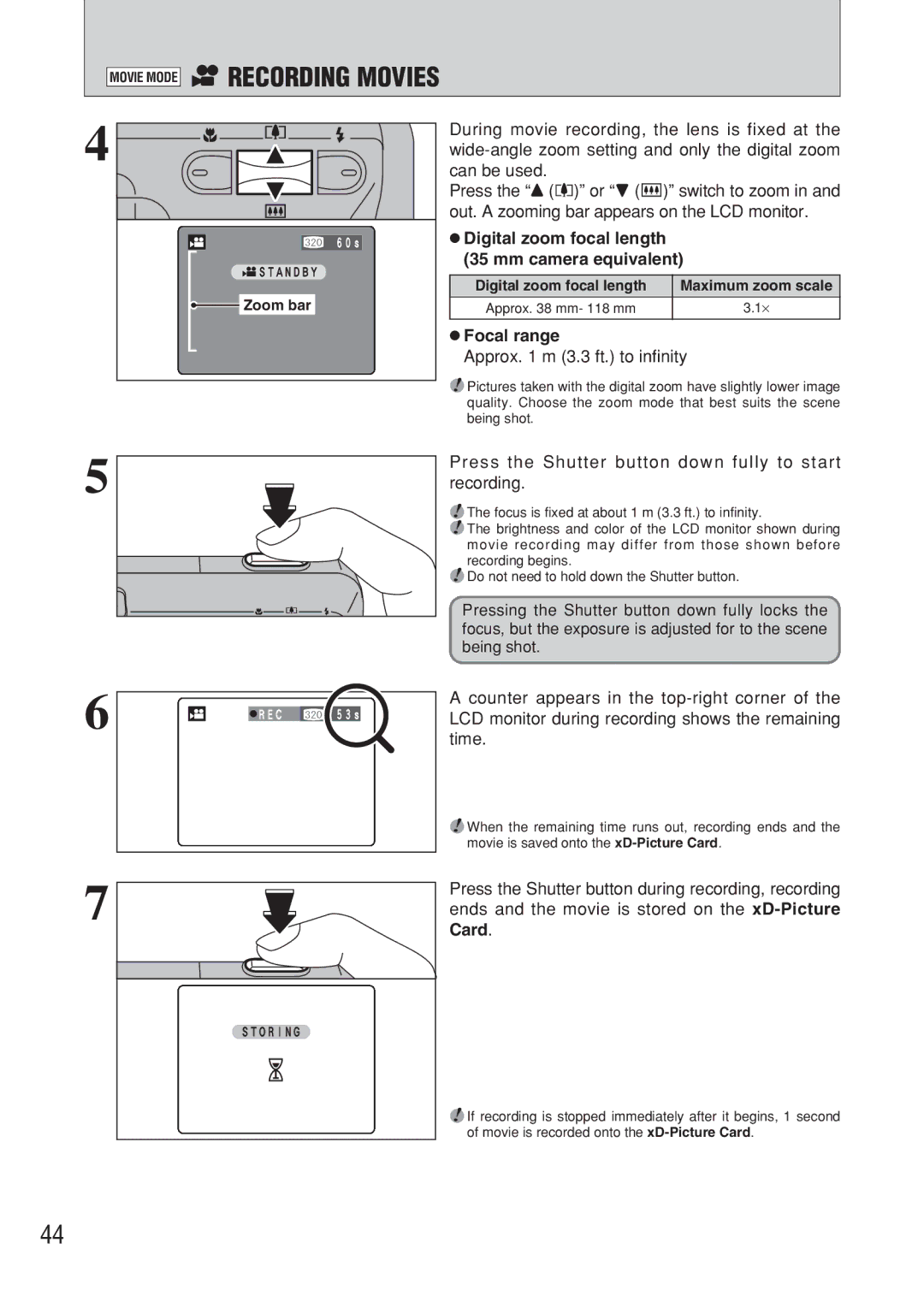 FujiFilm FinePix A607 owner manual Recording Movies, Digital zoom focal length 35 mm camera equivalent, Focal range, Card 