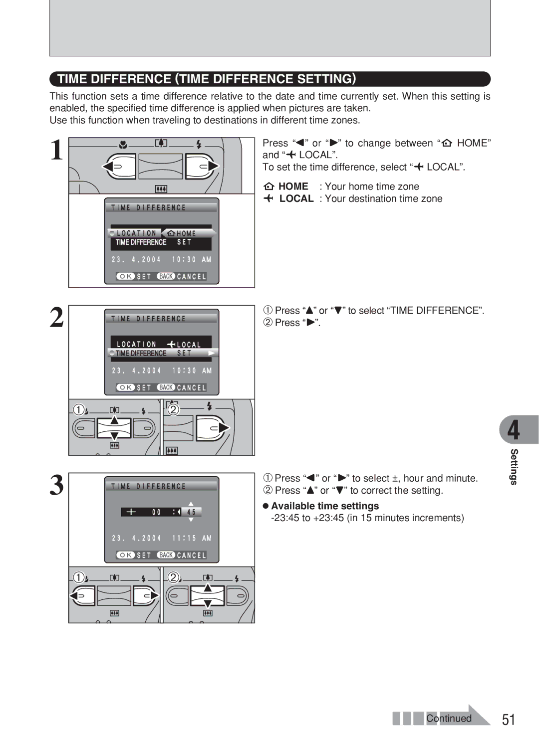 FujiFilm FinePix A607 owner manual Time Difference Time Difference Setting, Available time settings 