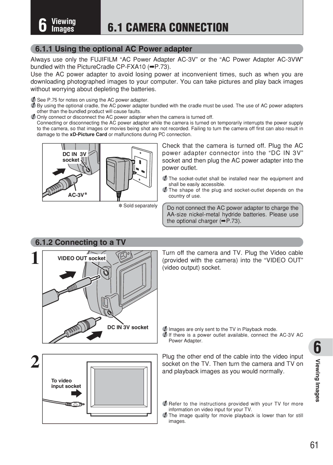 FujiFilm FinePix A607 owner manual Using the optional AC Power adapter, Connecting to a TV 