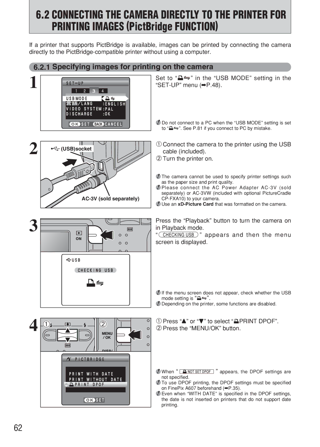 FujiFilm FinePix A607 owner manual Specifying images for printing on the camera, USBsocket AC-3V sold separately 