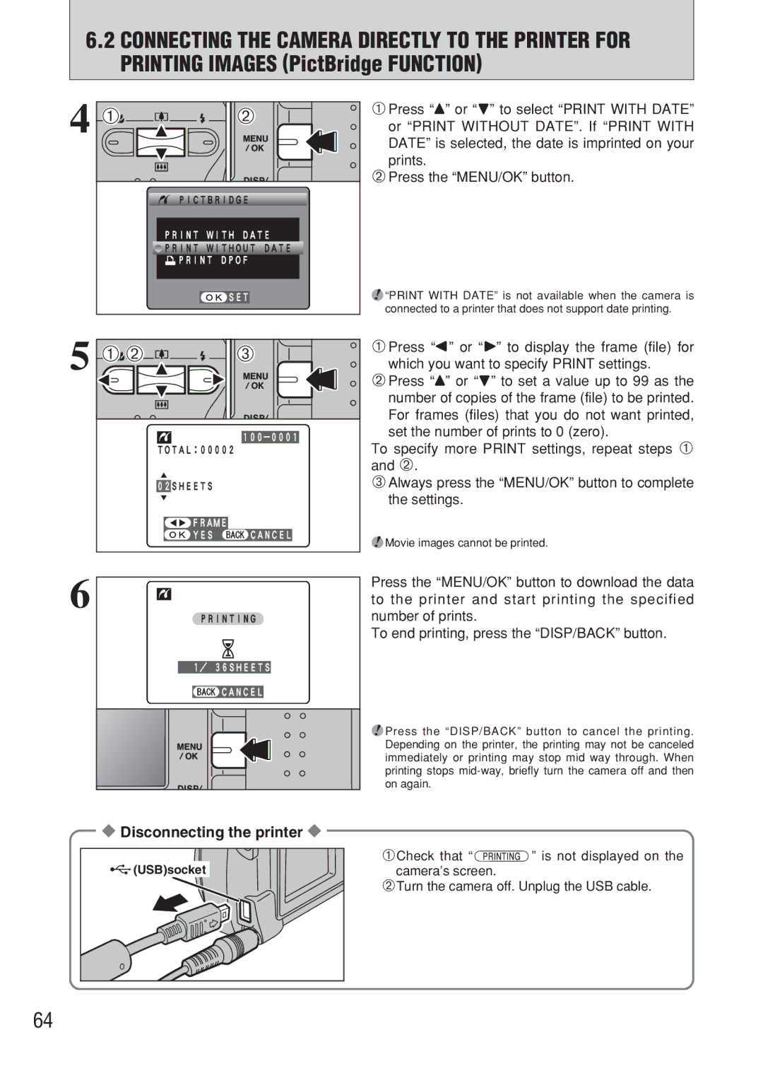 FujiFilm FinePix A607 owner manual Disconnecting the printer, USBsocket 