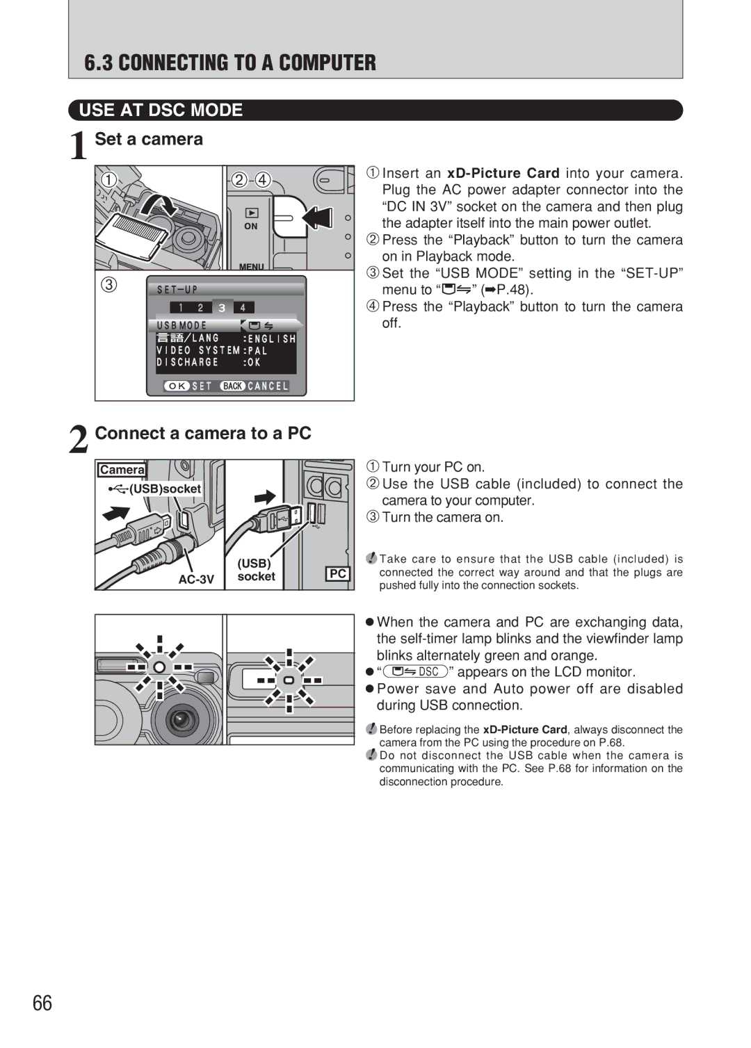 FujiFilm FinePix A607 owner manual USE AT DSC Mode, Set a camera, Connect a camera to a PC, Camera USBsocket, AC-3V Socket 