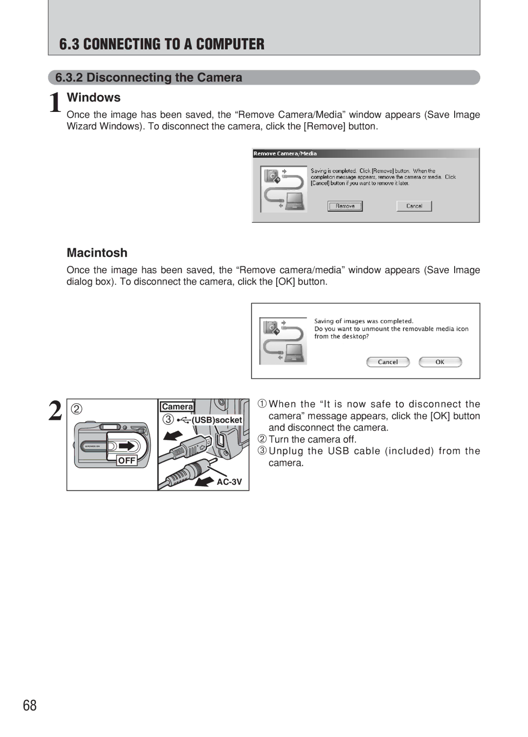 FujiFilm FinePix A607 owner manual Disconnecting the Camera Windows, Macintosh 