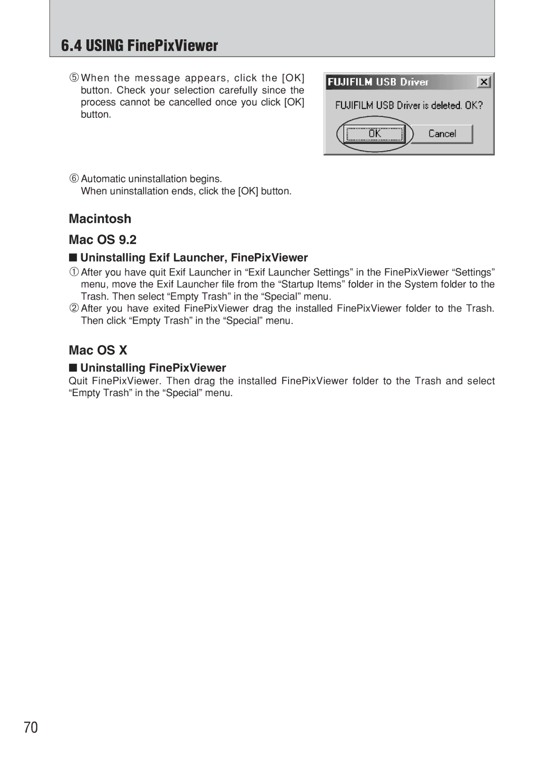 FujiFilm FinePix A607 owner manual Using FinePixViewer, Macintosh Mac OS, Uninstalling Exif Launcher, FinePixViewer 