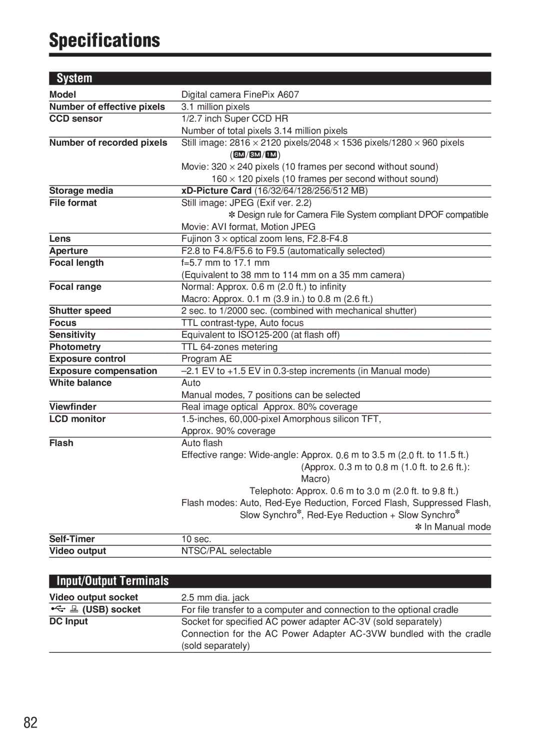 FujiFilm FinePix A607 owner manual Specifications 