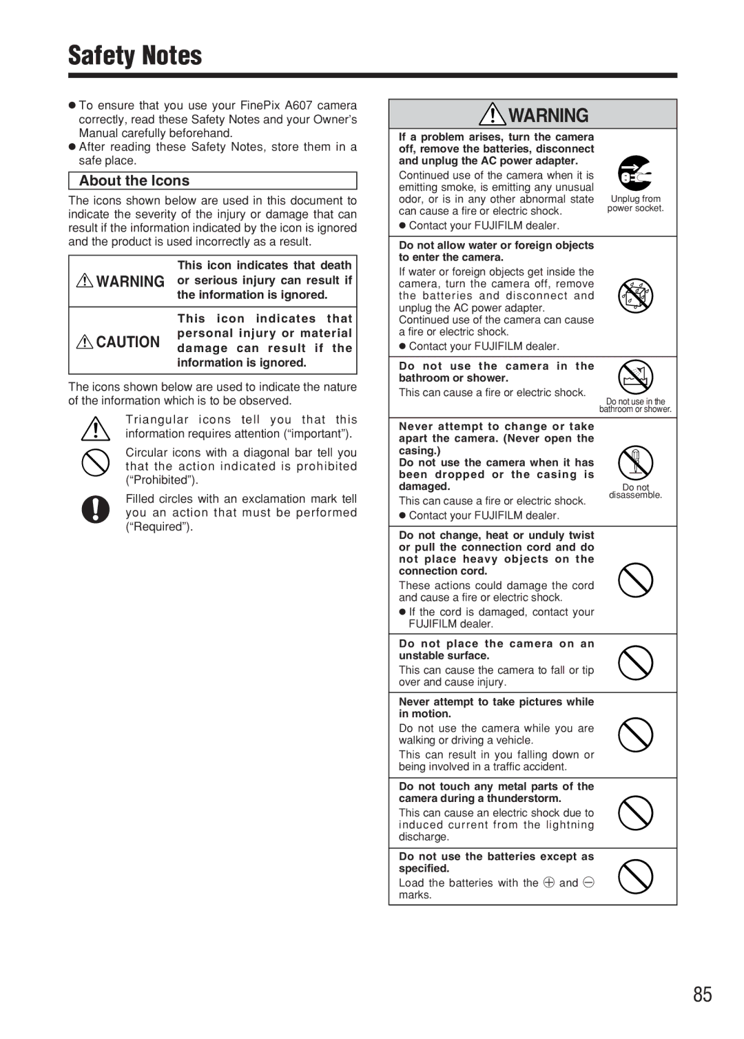 FujiFilm FinePix A607 owner manual Safety Notes, About the Icons 