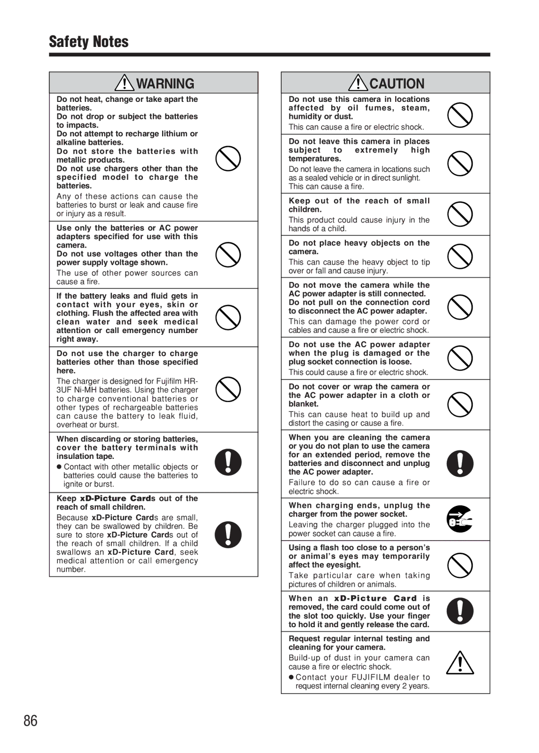 FujiFilm FinePix A607 owner manual Safety Notes, Keep xD-Picture Cards out of the reach of small children 