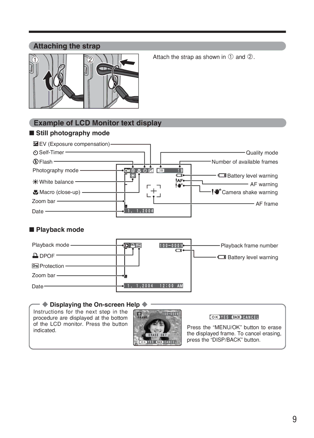 FujiFilm FinePix A607 Attaching the strap, Example of LCD Monitor text display, Still photography mode, Playback mode 