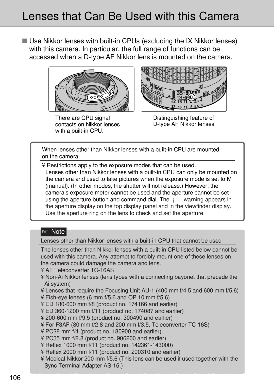 FujiFilm FinePix S1 owner manual Lenses that Can Be Used with this Camera, 106 