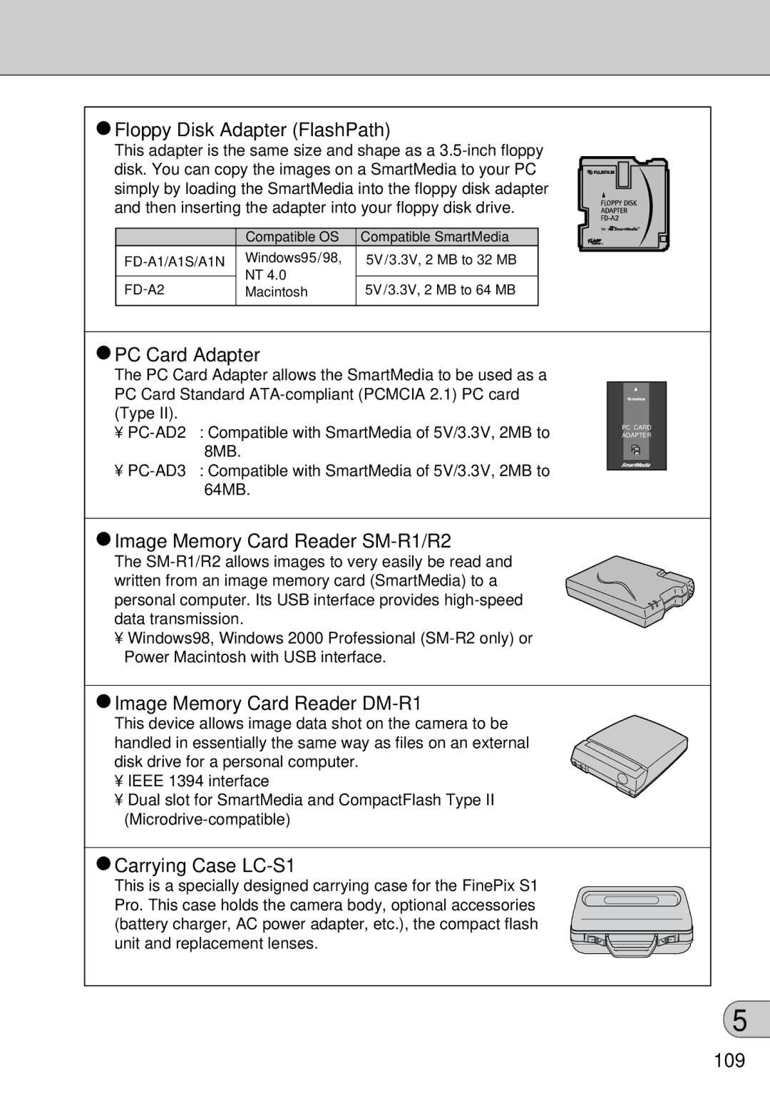 FujiFilm FinePix S1 owner manual 109, Compatible OS Compatible SmartMedia FD-A1/A1S/A1N, FD-A2 