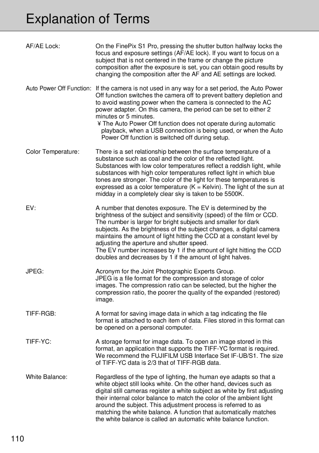 FujiFilm FinePix S1 owner manual Explanation of Terms, 110 