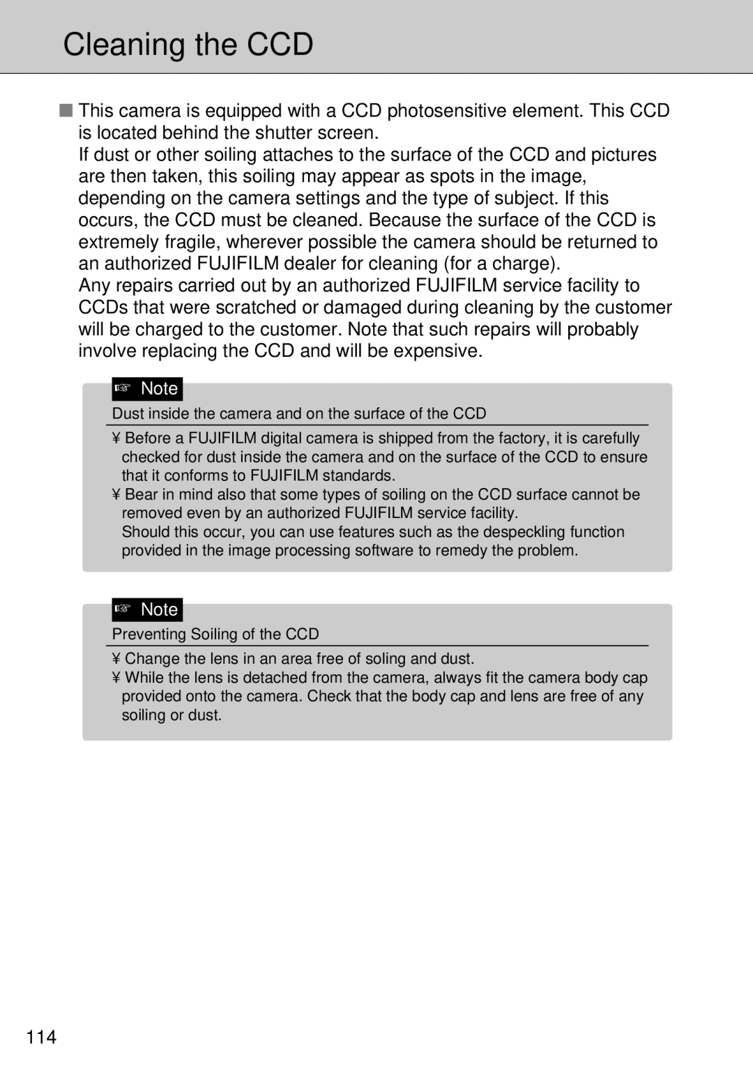 FujiFilm FinePix S1 owner manual Cleaning the CCD, 114, Dust inside the camera and on the surface of the CCD 