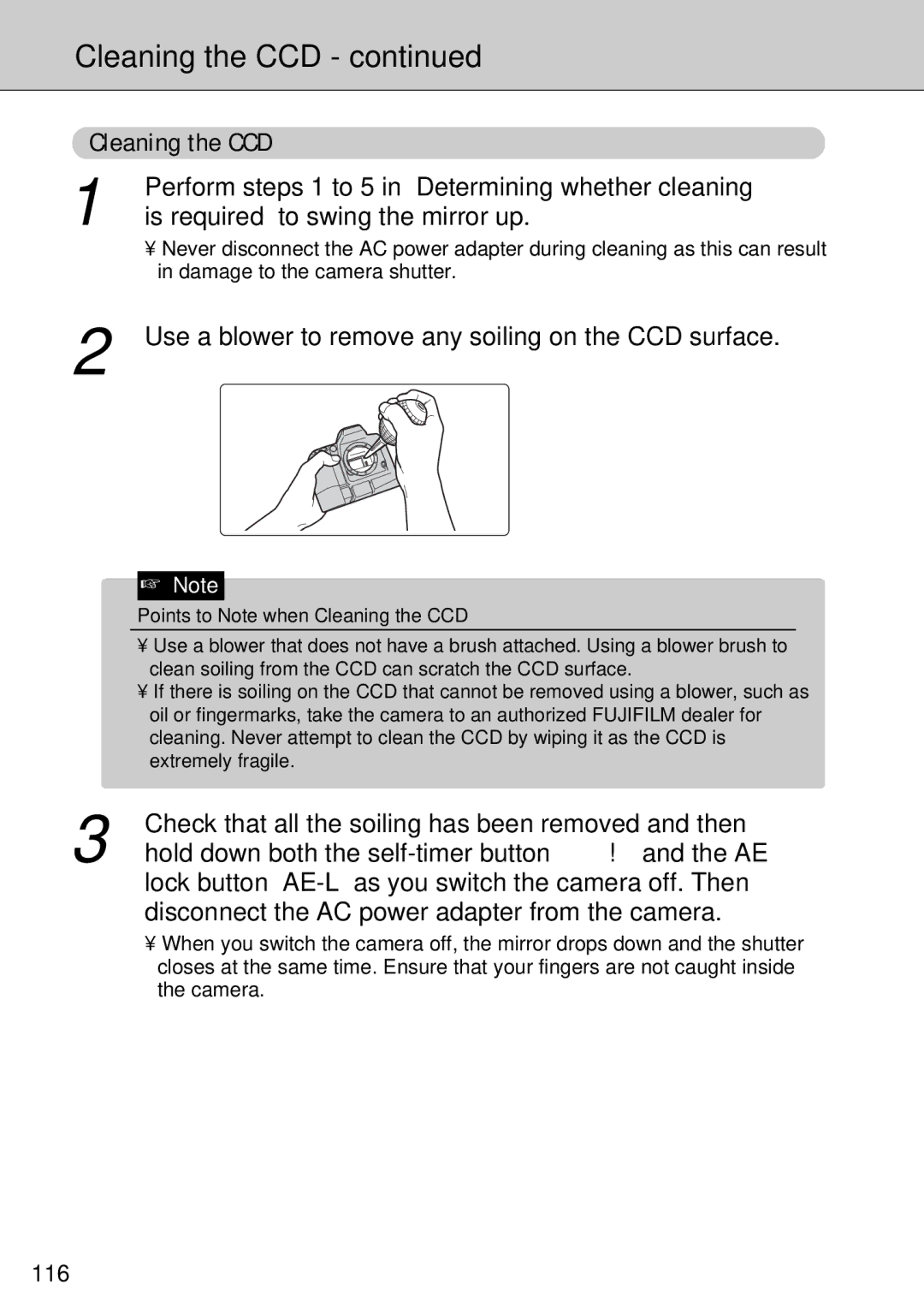 FujiFilm FinePix S1 owner manual Cleaning the CCD, Use a blower to remove any soiling on the CCD surface, 116 