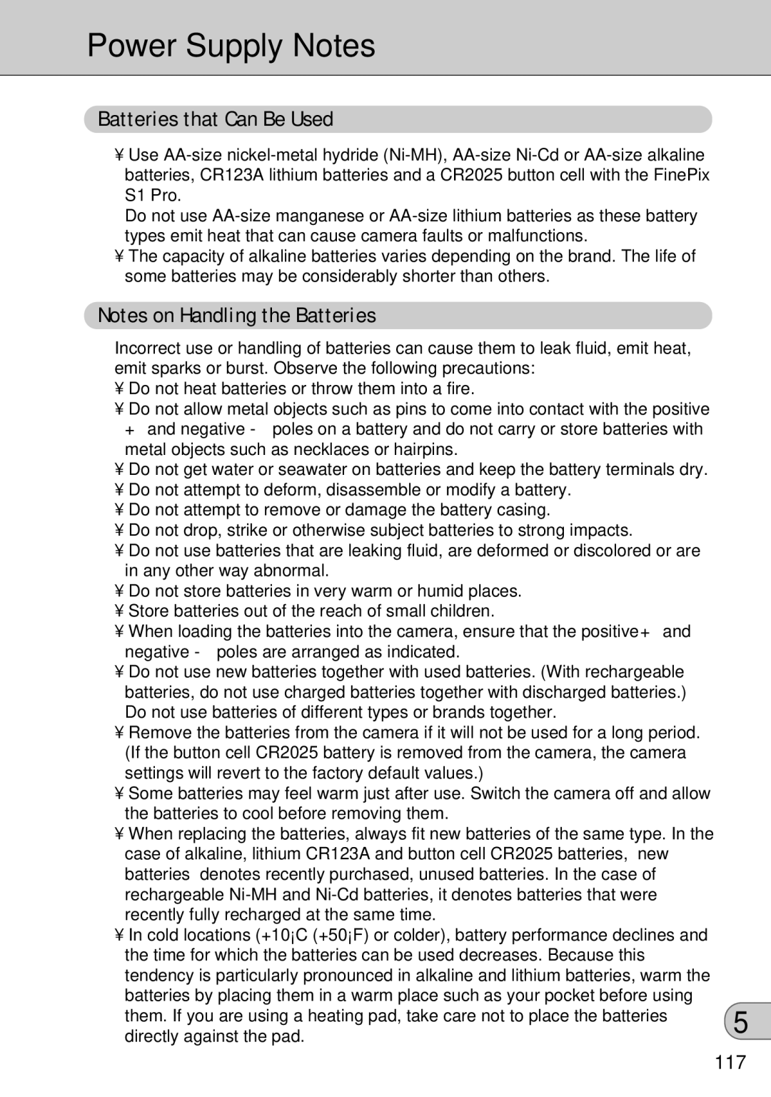 FujiFilm FinePix S1 owner manual Power Supply Notes, Batteries that Can Be Used, 117 