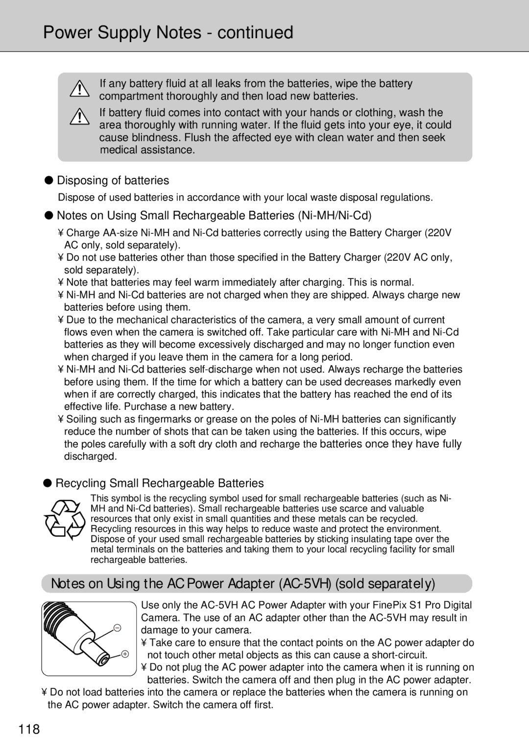 FujiFilm FinePix S1 owner manual Power Supply Notes, 118 