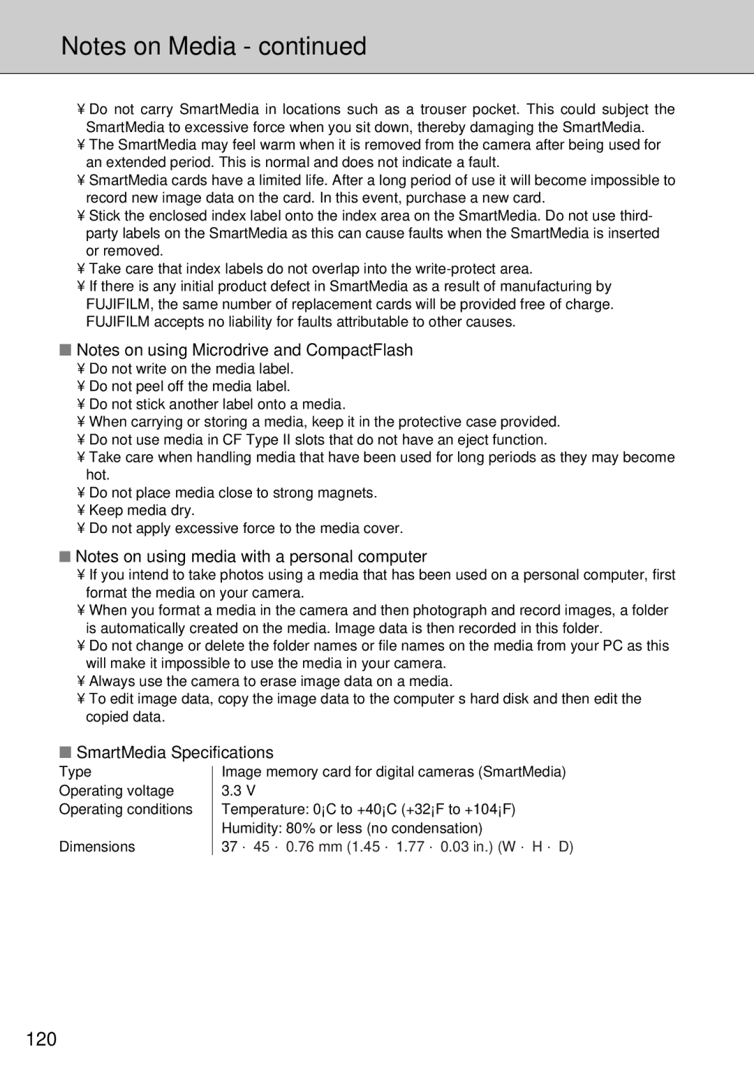 FujiFilm FinePix S1 owner manual 120, SmartMedia Specifications 