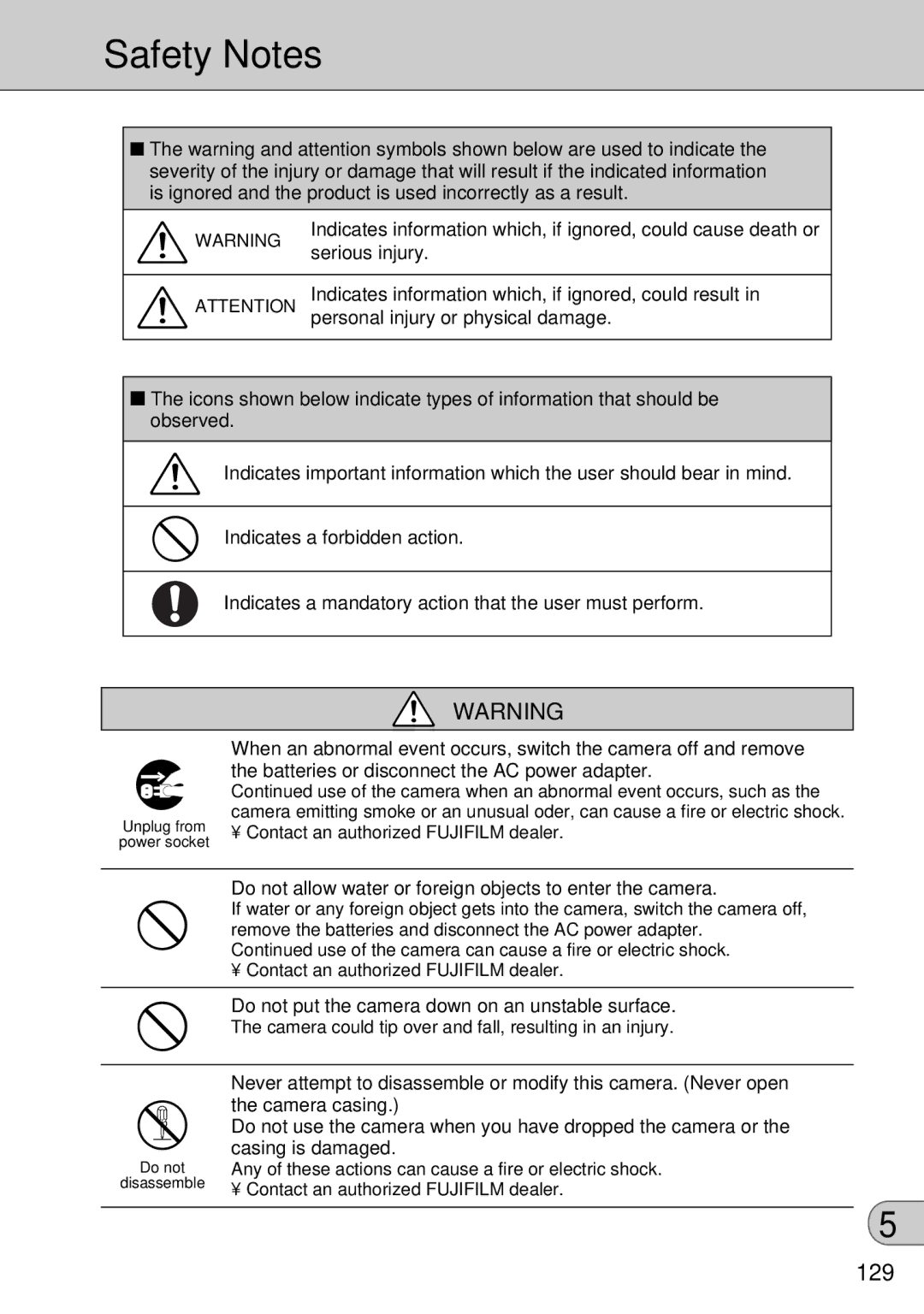 FujiFilm FinePix S1 owner manual Safety Notes, 129, Do not allow water or foreign objects to enter the camera 