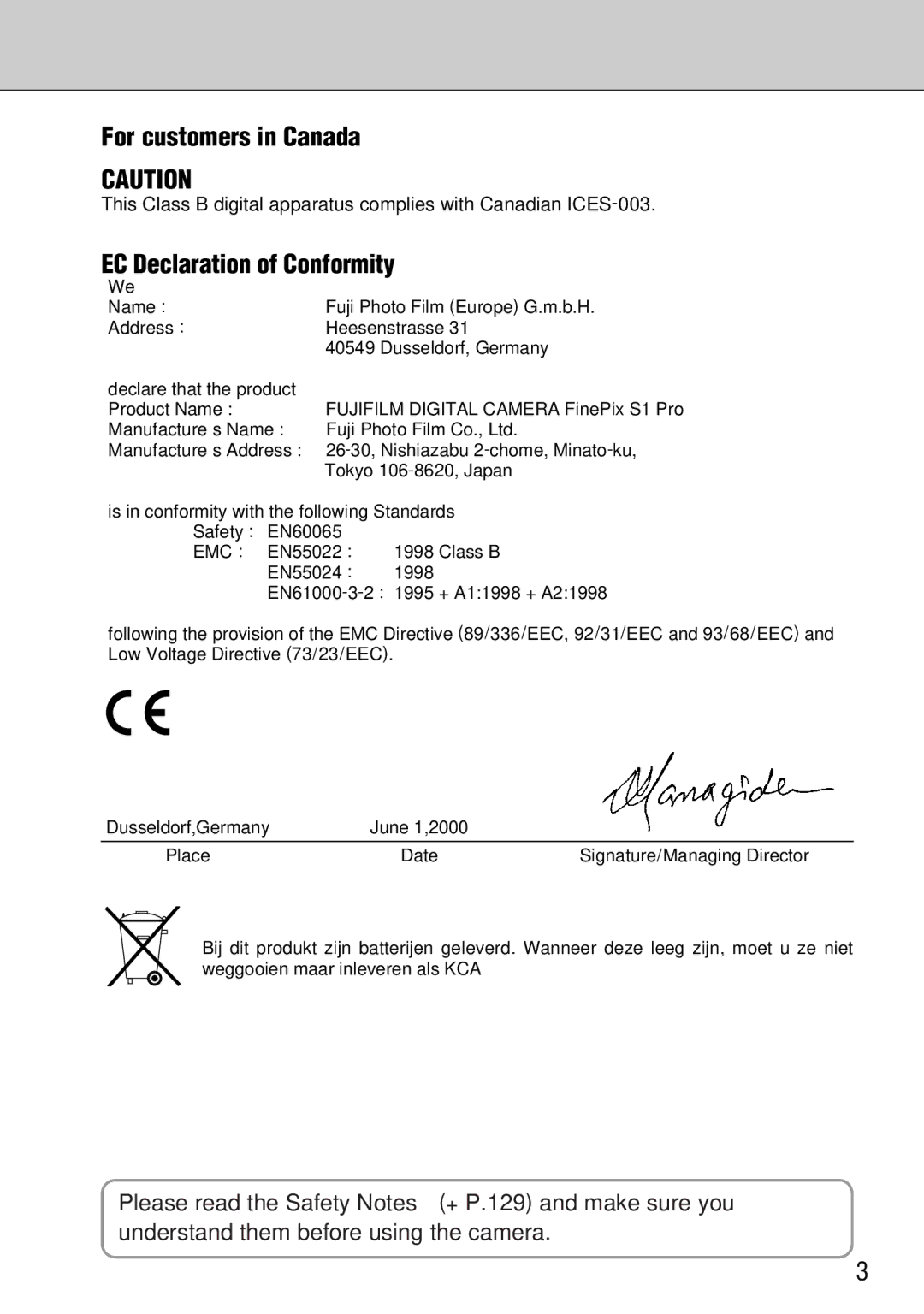 FujiFilm FinePix S1 owner manual For customers in Canada, EC Declaration of Conformity 