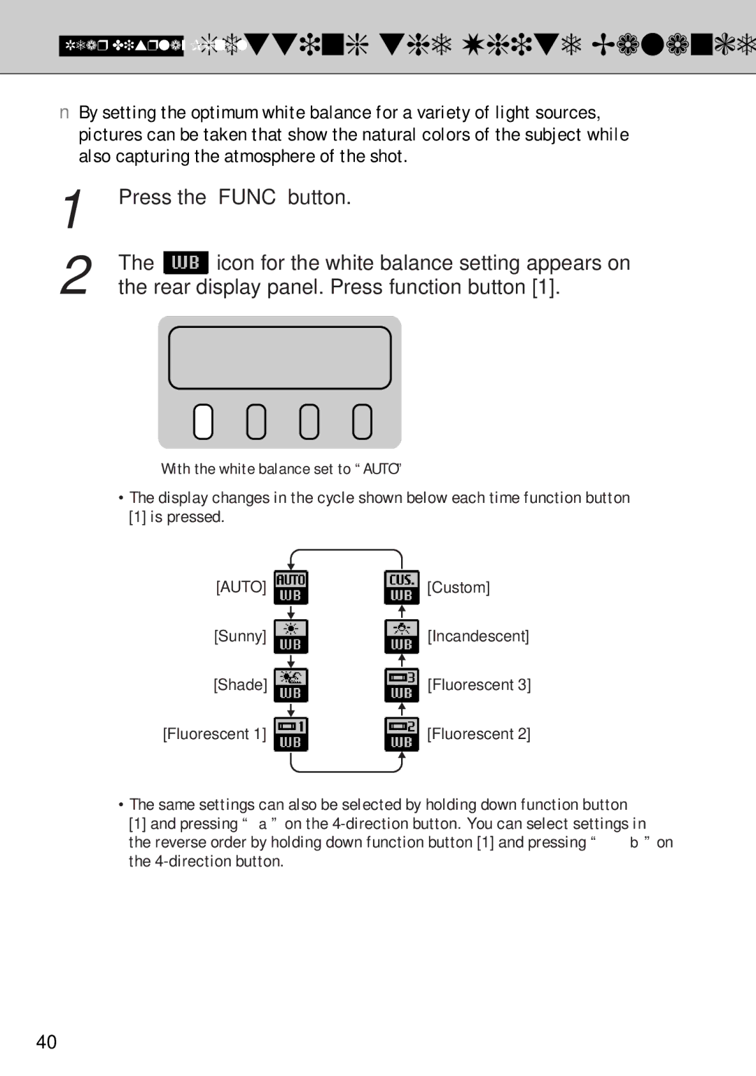 FujiFilm FinePix S1 owner manual Rear Display Panel Setting the White Balance, Press the Func button 