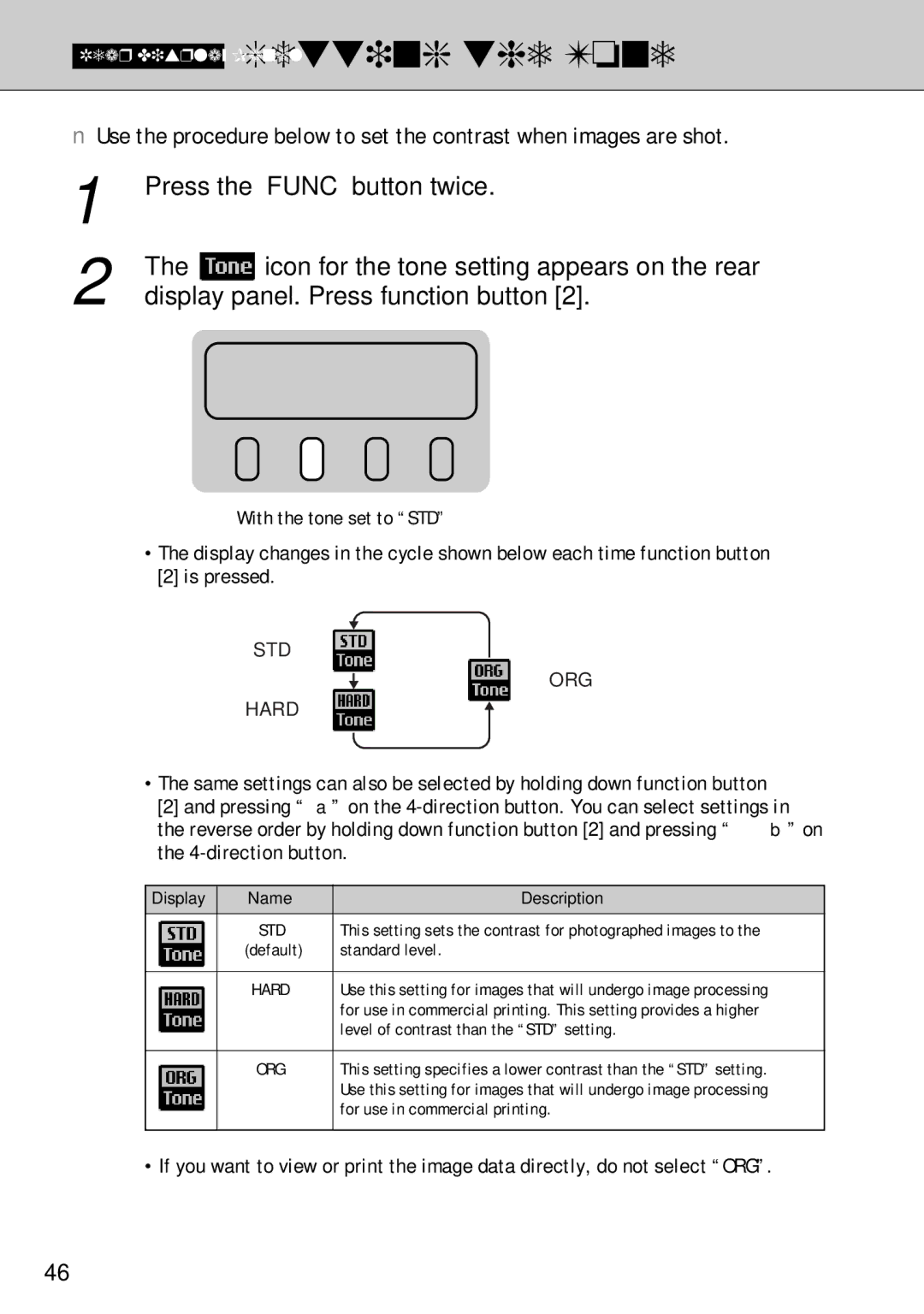 FujiFilm FinePix S1 owner manual Icon for the tone setting appears on the rear, Hard 