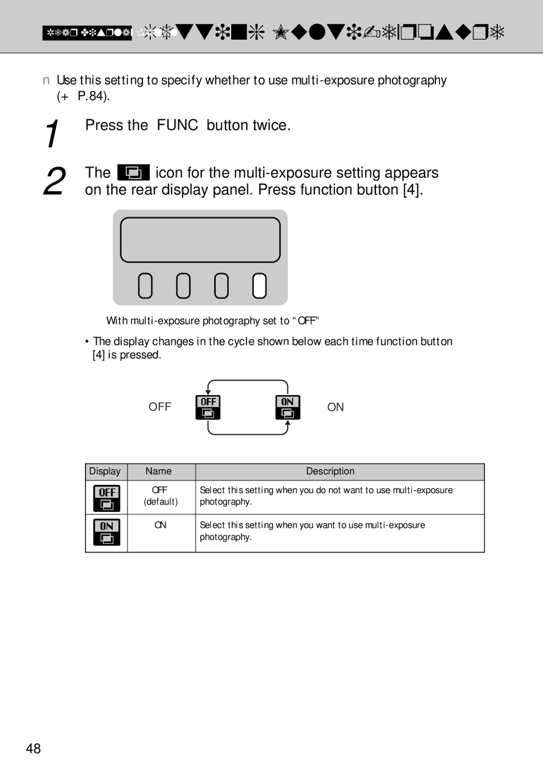 FujiFilm FinePix S1 owner manual Rear Display Panel Setting Multi-exposure, Icon for the multi-exposure setting appears 