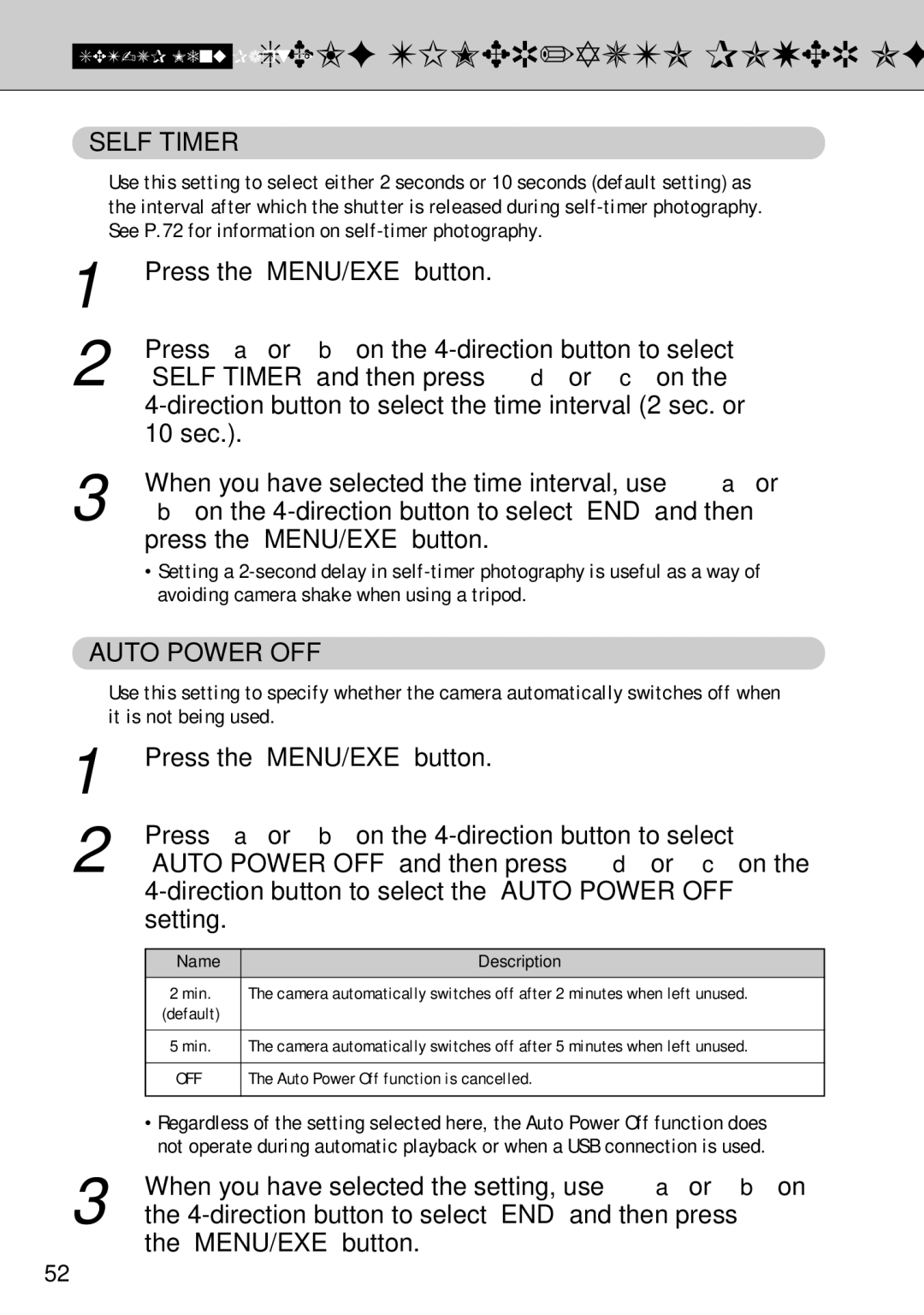 FujiFilm FinePix S1 owner manual SET-UP Menu Part 1 Self TIMER/AUTO Power OFF 