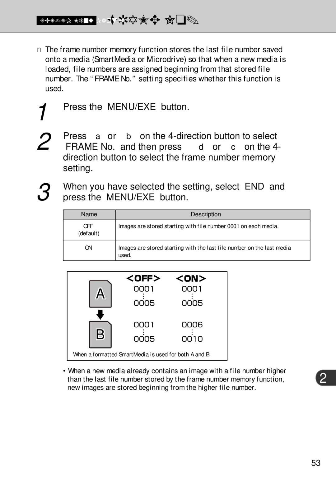 FujiFilm FinePix S1 Frame No. and then press d or c on, Direction button to select the frame number memory, Used 