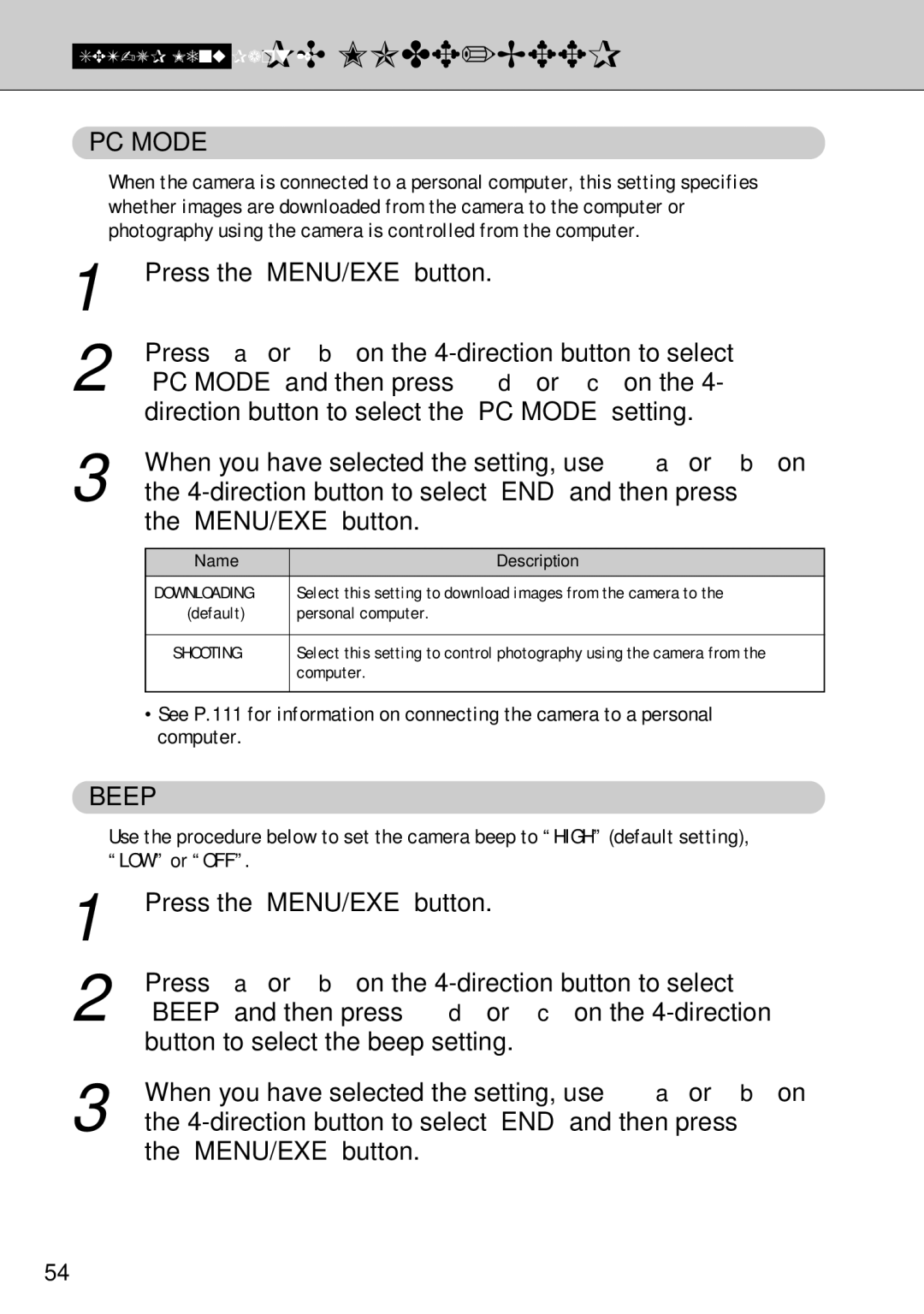 FujiFilm FinePix S1 owner manual PC Mode and then press d or c on, Direction button to select the PC Mode setting 