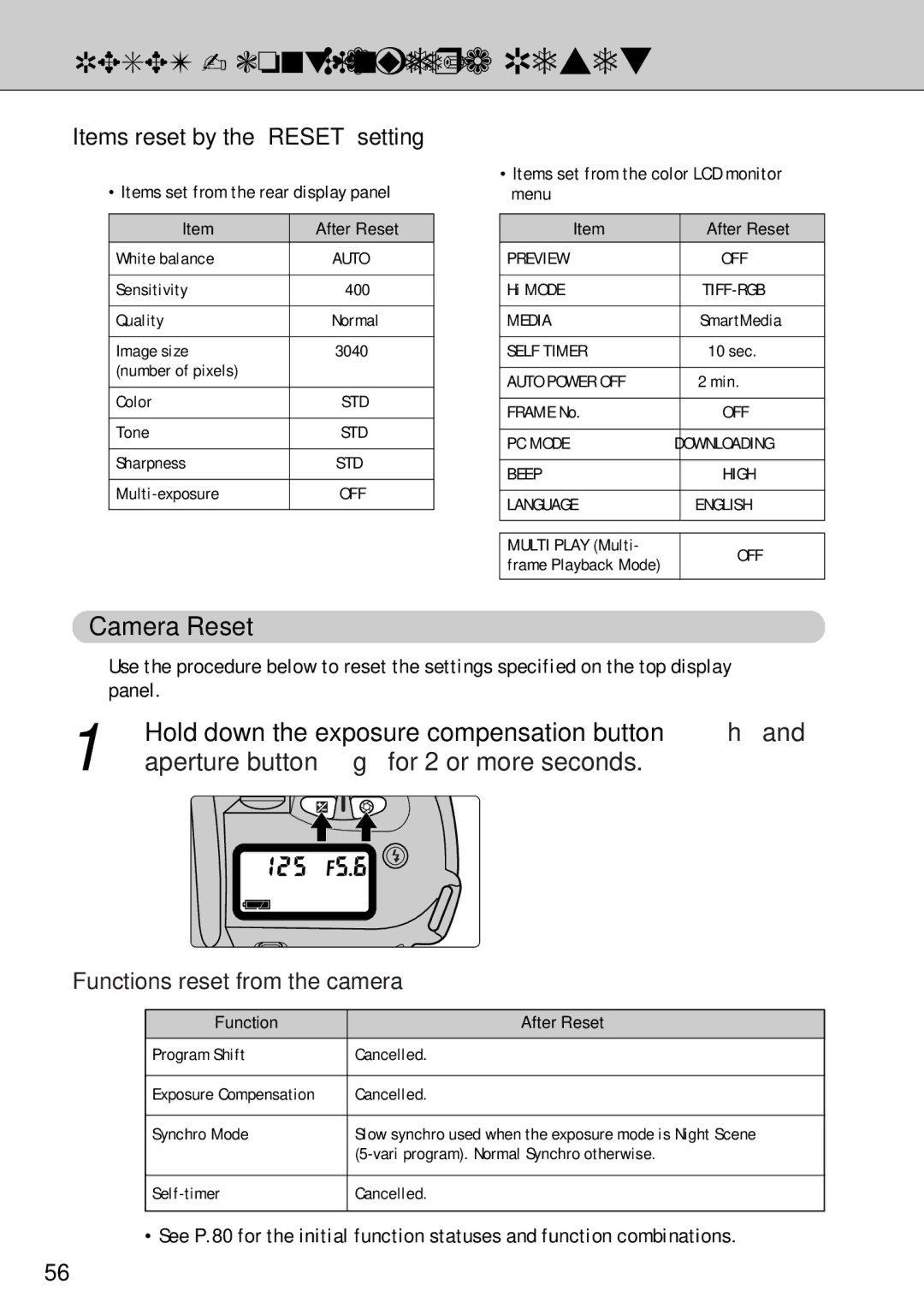 FujiFilm FinePix S1 owner manual Reset /Camera Reset, Hold down the exposure compensation button h 