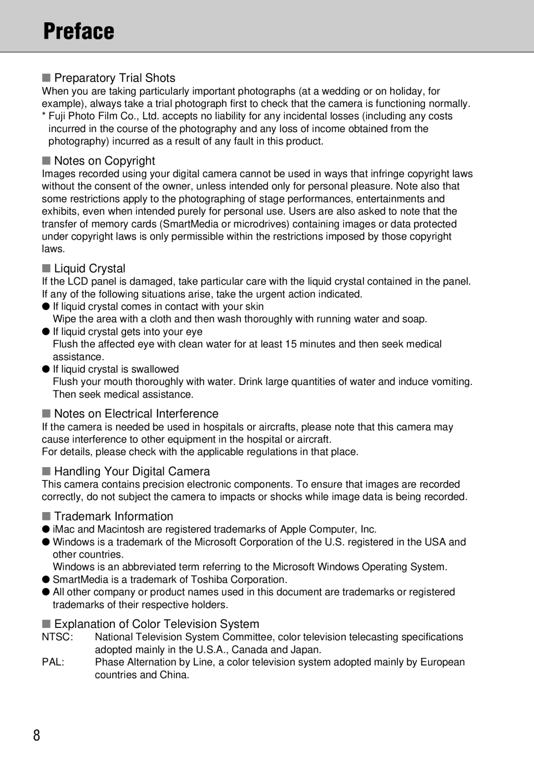 FujiFilm FinePix S1 owner manual Preface, Preparatory Trial Shots 