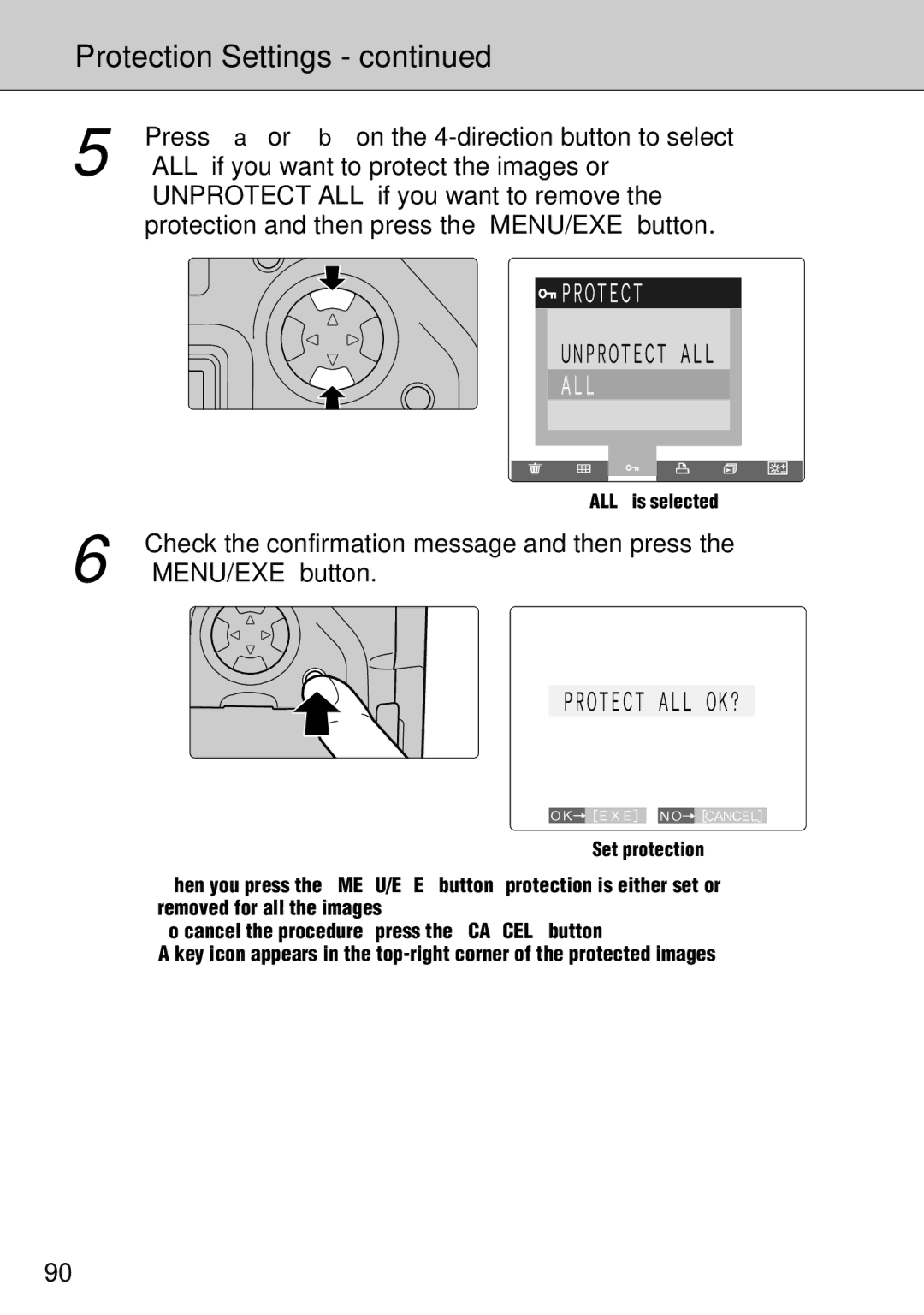 FujiFilm FinePix S1 owner manual Protection Settings, ALL if you want to protect the images or, ALL is selected 