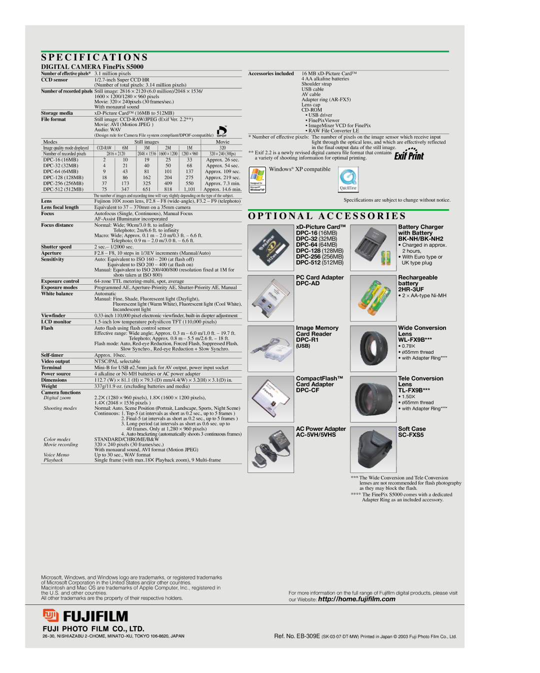 FujiFilm FinePix S5000 manual Specification S 