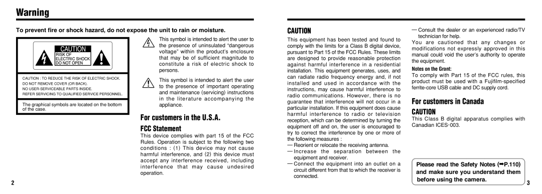 FujiFilm FinePix30i manual For customers in the U.S.A, For customers in Canada 