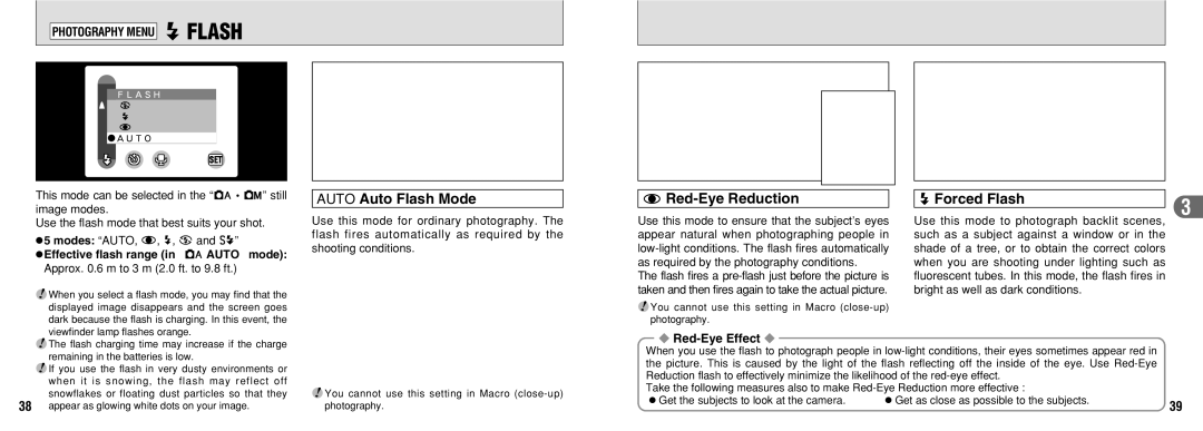 FujiFilm FinePix30i manual Auto Auto Flash Mode, Red-Eye Reduction, YForced Flash, Photography Menu yFLASH, Red-Eye Effect 