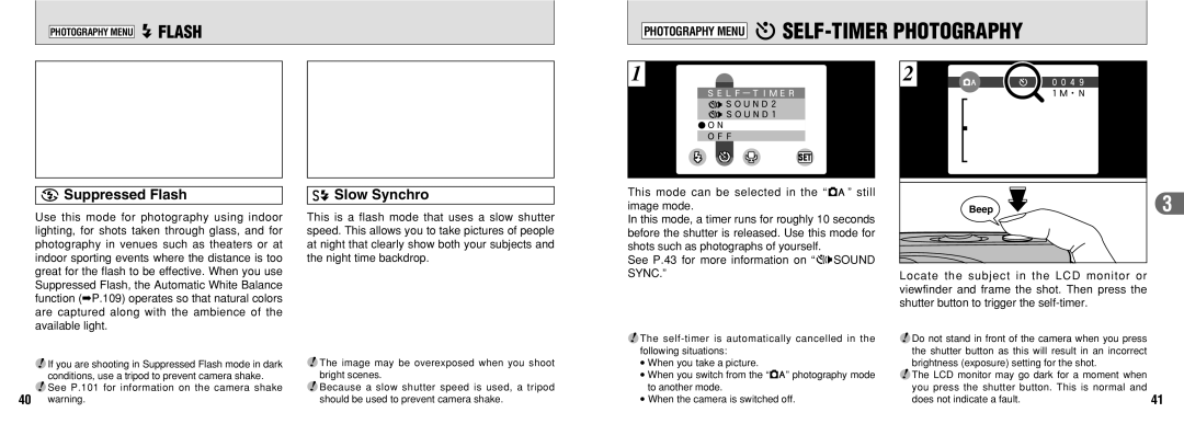 FujiFilm FinePix30i manual Photography MENUoSELF-TIMER Photography, USuppressed Flash Slow Synchro, Photography Menu yFLASH 