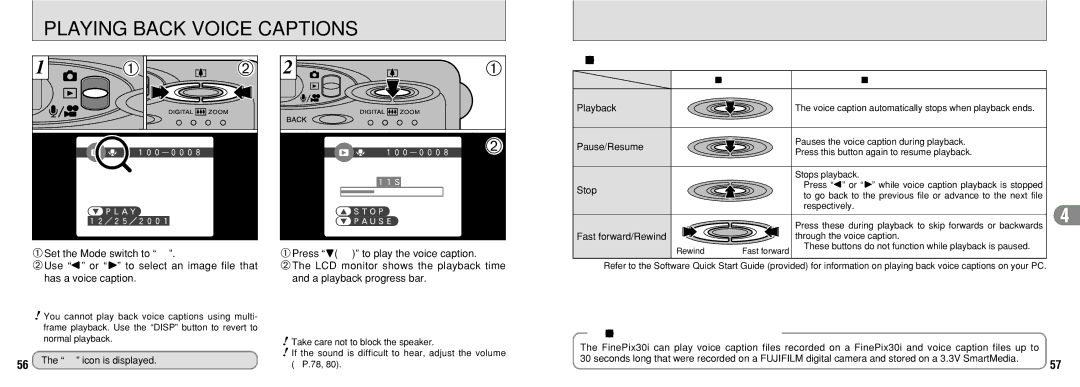 FujiFilm FinePix30i manual Playing Back Voice Captions, Playing back voice captions, Compatible voice caption files 