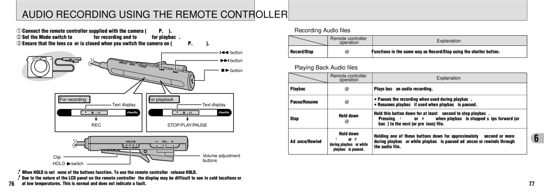 FujiFilm FinePix30i manual Audio Recording Using the Remote Controller, Recording Audio files, Playing Back Audio files 