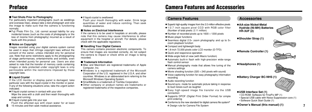 FujiFilm FinePix30i manual Preface Camera Features and Accessories 