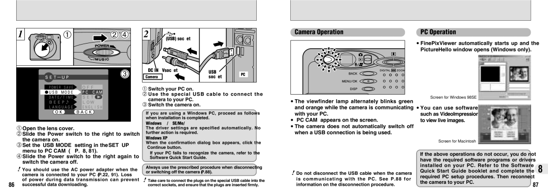 FujiFilm FinePix30i manual Connecting AT PC-CAMERA Mode, Camera Operation, Windows 98/98SE/Me/2000, Windows XP 