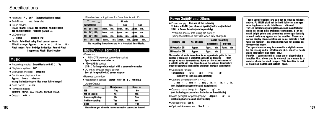 FujiFilm FinePix30i manual Specifications, 106, 107 