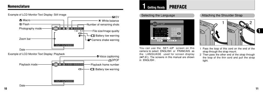 FujiFilm FinePix30i manual Nomenclature, Selecting the Language Attaching the Shoulder Strap 