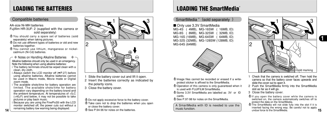 FujiFilm FinePix30i manual Loading the Batteries, Loading the SmartMedia, Compatible batteries, SmartMediasold separately 