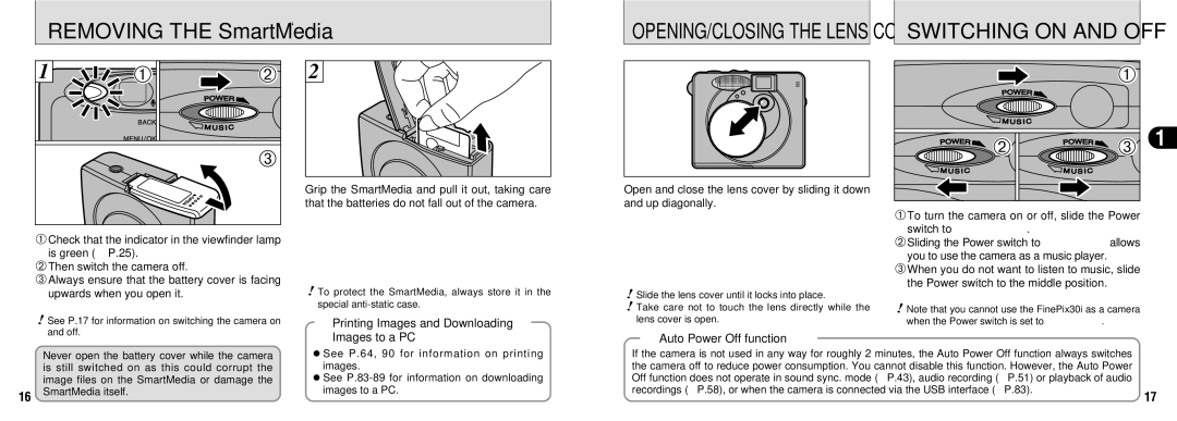 FujiFilm FinePix30i manual Removing the SmartMedia, Switching on and OFF, Images to a PC, Auto Power Off function 